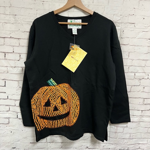 Quacker Factory Medium Sequin Halloween Sweatshirt Pumpkin Jack-o’-lantern NWT - Picture 1 of 11